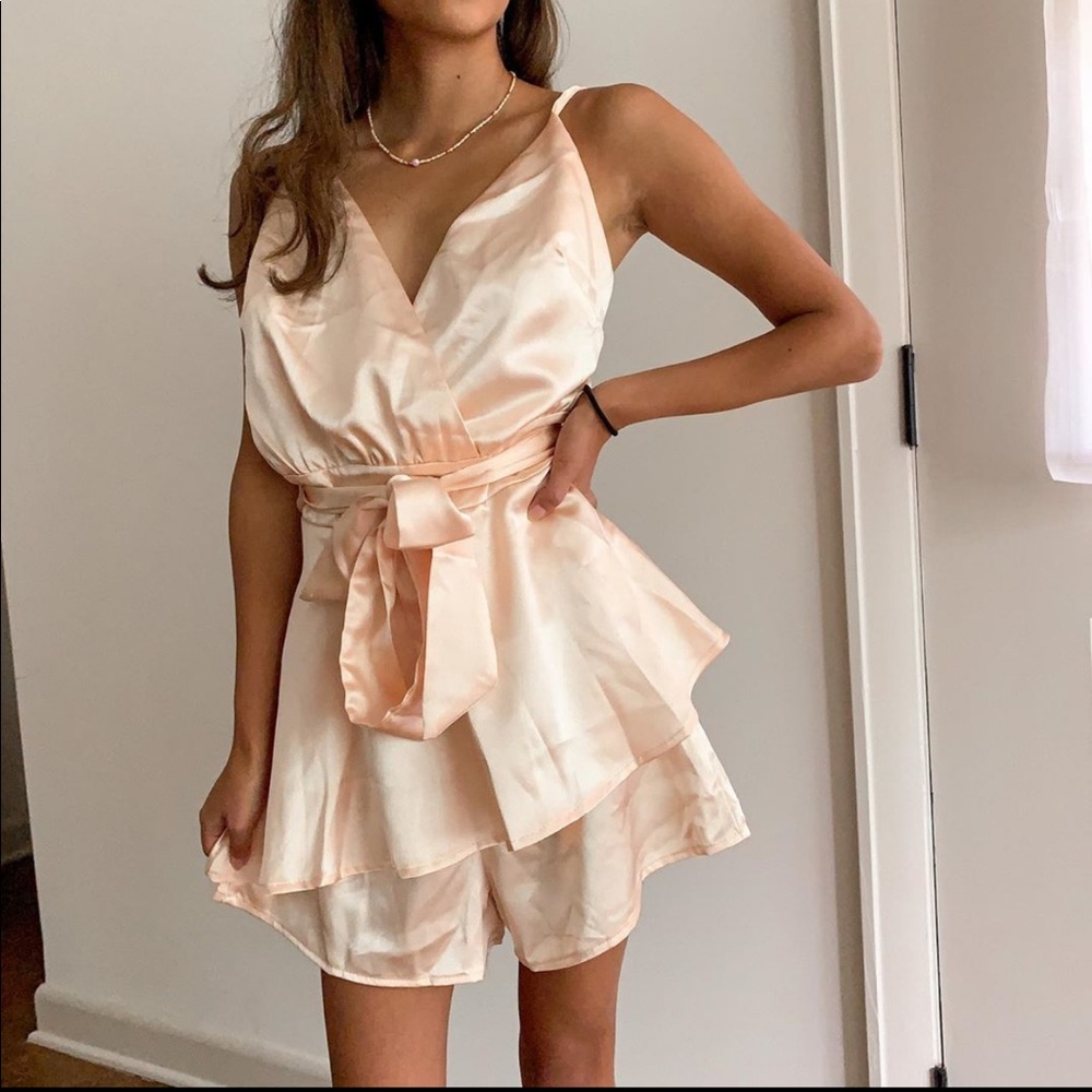 champagne satin flowery romper